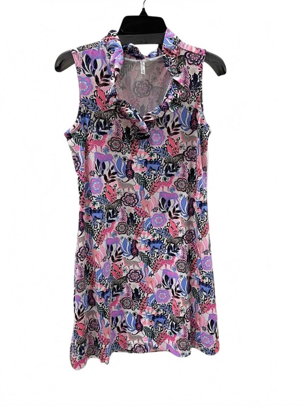 NEW LULU-B women's jungle print sleeveless safari dress in neon pink